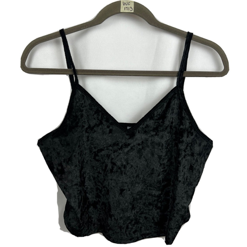 Tulleus Crushed Velvet Cropped Tank Top Cami Spaghetti Strap Solid Black Woman L
